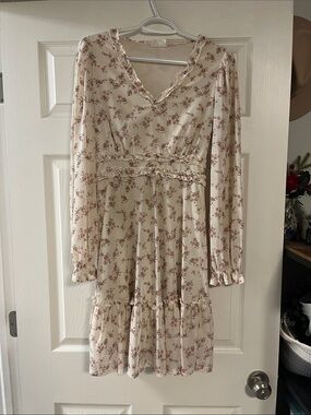 Cream Floral Ruffle Long-Sleeve Dress